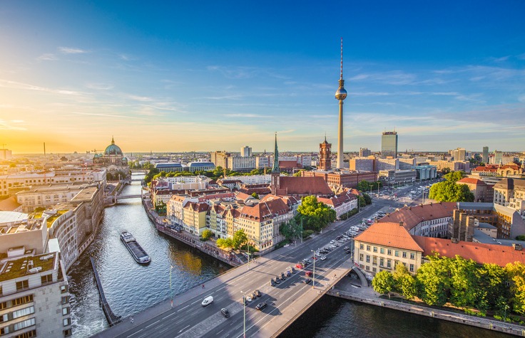 Berlin skyline with Spree river at sunset, Germany