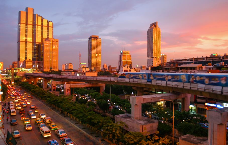 Bangkok Thailand, sky train, numerous cars on the road
